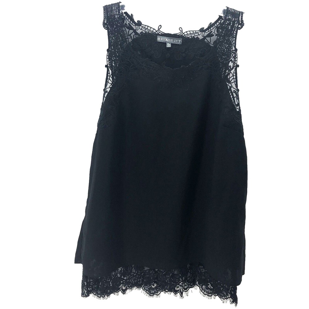 Brixon Ivy Tank Top Women's Small‎ Black Embroidered Hem Lace Sheer